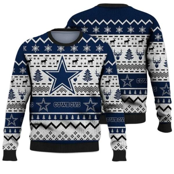 Dallas Cowboys Sweater Christmas Tree Reindeer Pattern Dallas Cowboys Ugly Sweater White Navy Blue Unisex Adults New Release 1.jpg