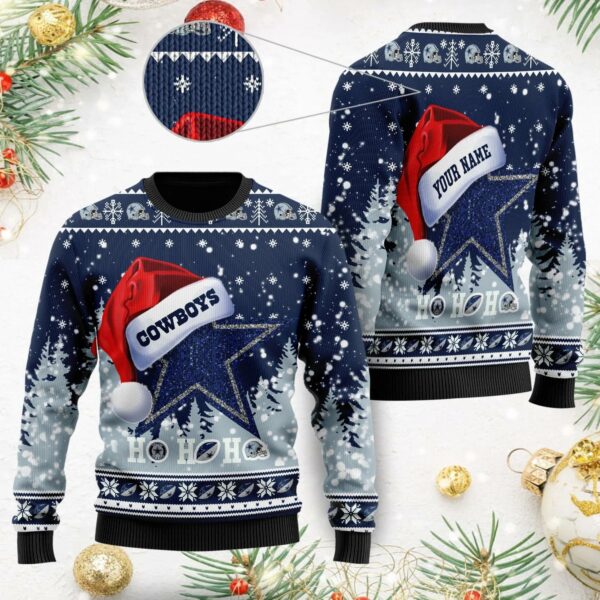 Dallas Cowboys Symbol Wearing Santa Claus Hat Ho Ho Ho Custom Name Ugly Sweater Christmas Sweater Dallas Cowboys 1.jpg