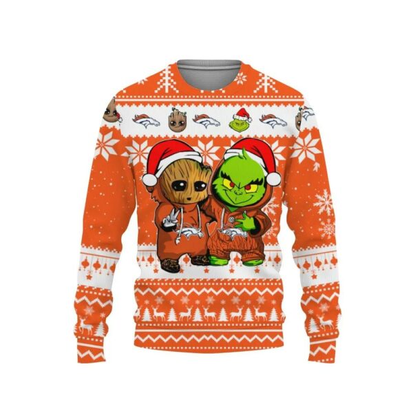 Denver Broncos Baby Groot And Grinch Best Friends Ugly Christmas Sweater