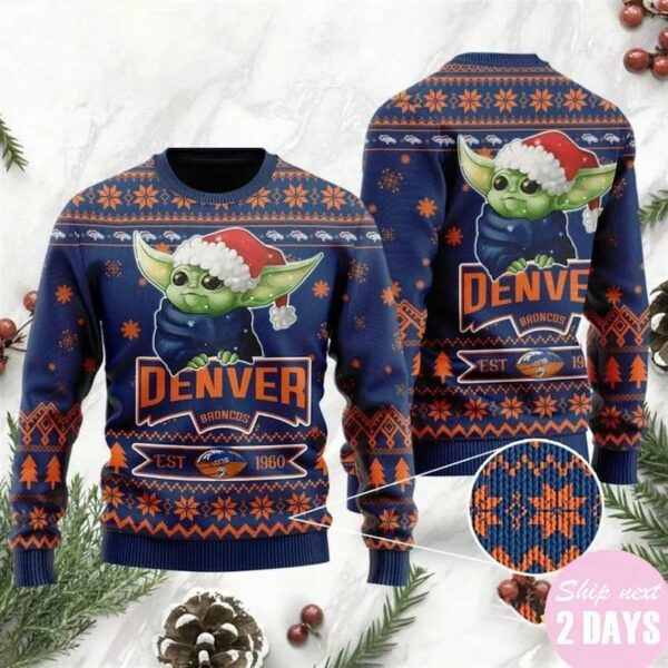 Denver Broncos Cute Baby Yoda Grogu Ugly Christmas Sweater