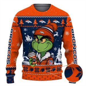 Denver Broncos The Grinch Drink Coffee Ugly Christmas Sweater