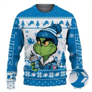 Detroit Lions The Grinch Drink Coffee Ugly Christmas Sweater