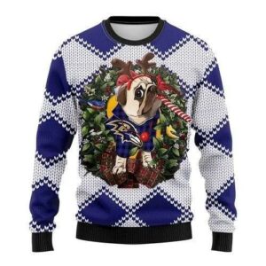 Funny Reindeer Pug Dog Baltimore Ravens Ugly Christmas Sweater