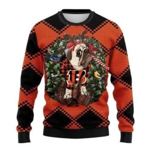 Funny Reindeer Pug Dog Cincinnati Bengals Ugly Christmas Sweater