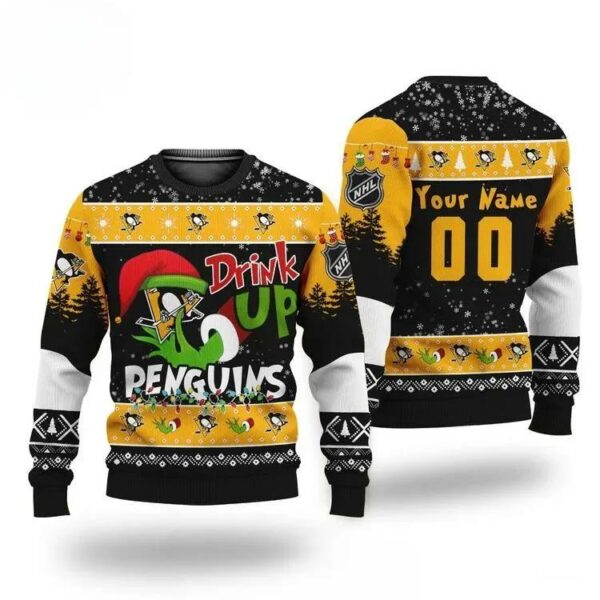 Grinch Drink Up Pittsburgh Penguins Custom Ugly Christmas Sweater