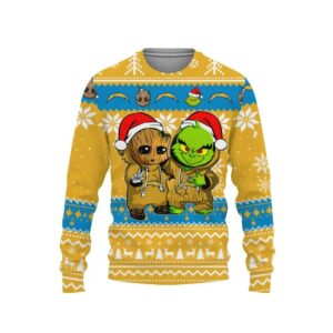 Los Angeles Chargers Baby Groot And Grinch Best Friends Ugly Christmas Sweater