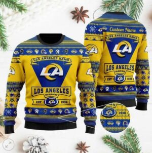 Los Angeles Rams Football Team Logo Custom Name Ugly Christmas Sweater