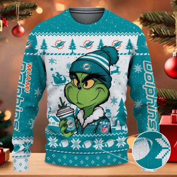 Miami Dolphins The Grinch Drink Coffee Ugly Christmas Sweater