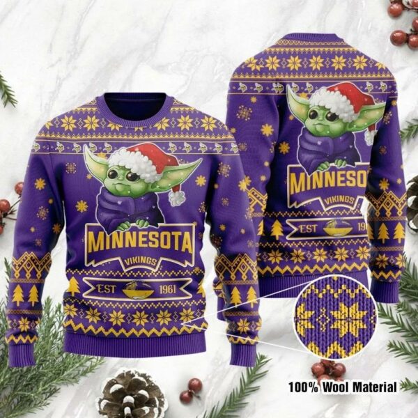 Minnesota Vikings Cute Baby Yoda Grogu Holiday Party Ugly Christmas Sweater Minnesota Vikings Christmas Sweater 1.jpg