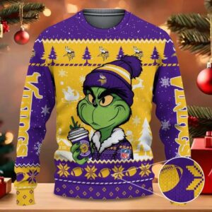 Minnesota Vikings The Grinch Drink Coffee Ugly Christmas Sweater