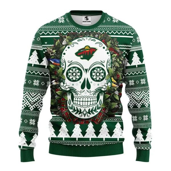 Minnesota Wild Skull Flower Ugly Christmas Sweater