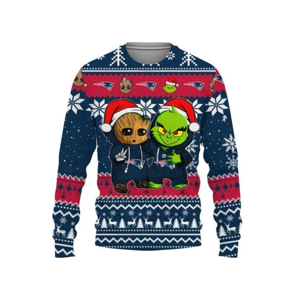 New England Patriots Baby Groot And Grinch Best Friends Ugly Christmas Sweater