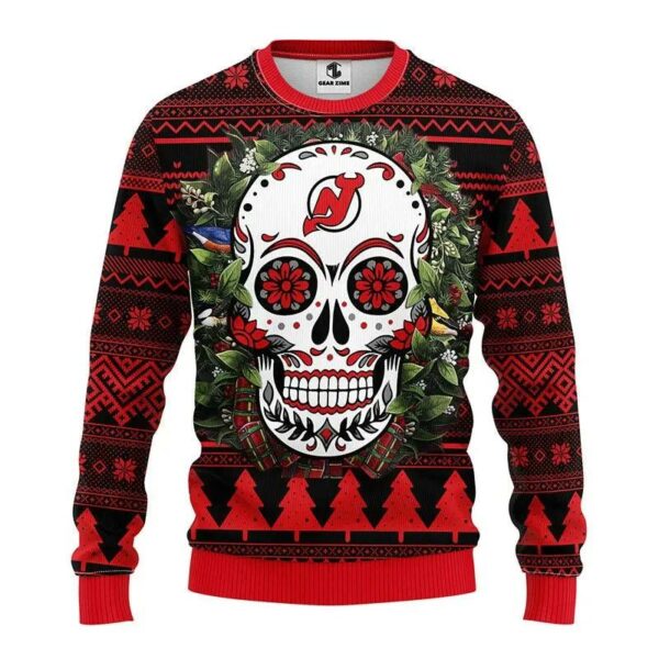 New Jersey Devils Skull Flower Ugly Christmas Sweater