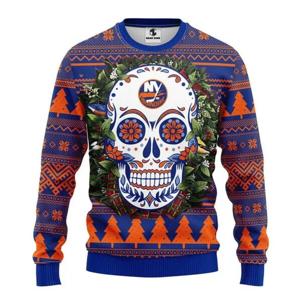 New York Islanders Skull Flower Ugly Christmas Sweater