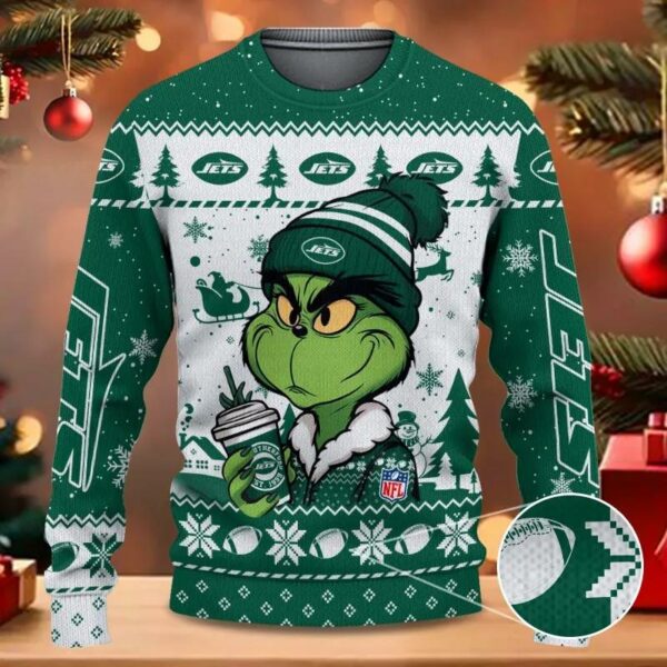 New York Jets The Grinch Drink Coffee Ugly Christmas Sweater