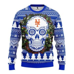 New York Mets Skull Flower Ugly Christmas Sweater