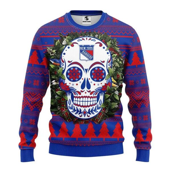 New York Rangers Skull Flower Ugly Christmas Sweater