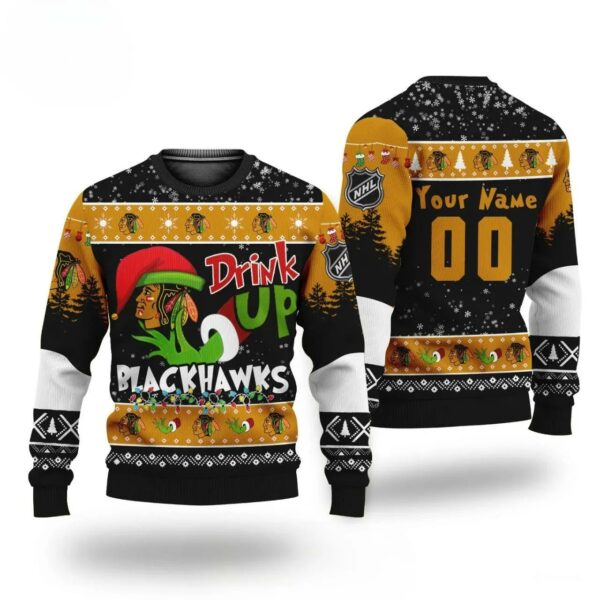 Nhl Grinch Drink Up Chicago Blackhawks Custom Ugly Christmas Sweater