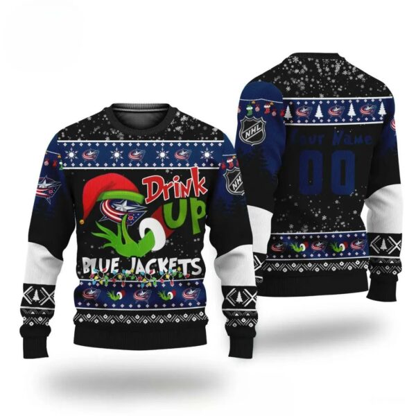 Nhl Grinch Drink Up Columbus Blue Jackets Custom Ugly Christmas Sweater