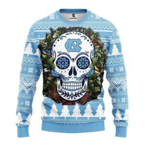 North Carolina Tar Heels Skull Flower Ugly Christmas Sweater