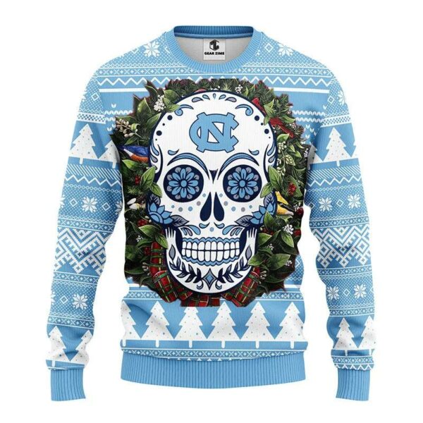 North Carolina Tar Heels Skull Flower Ugly Christmas Sweater