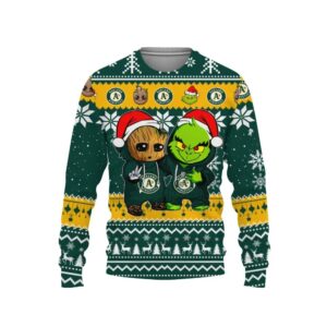 Oakland Athletics Baby Groot And Grinch Best Friends Ugly Christmas Sweater