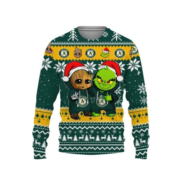 Oakland Athletics Baby Groot And Grinch Best Friends Ugly Christmas Sweater