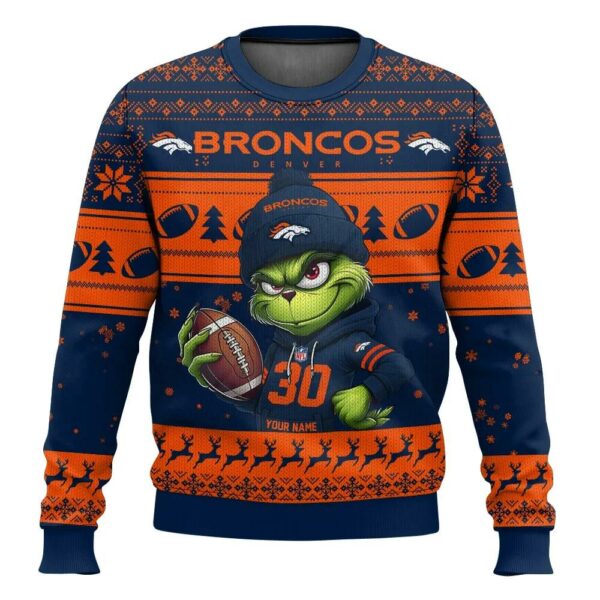 Personalized Denver Broncos Grinch Ugly Christmas Sweater