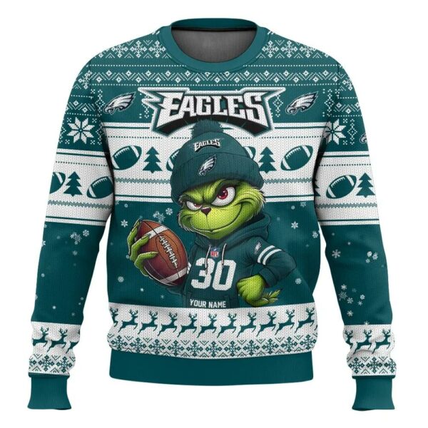 Personalized Philadelphia Eagles Grinch Ugly Christmas Sweater