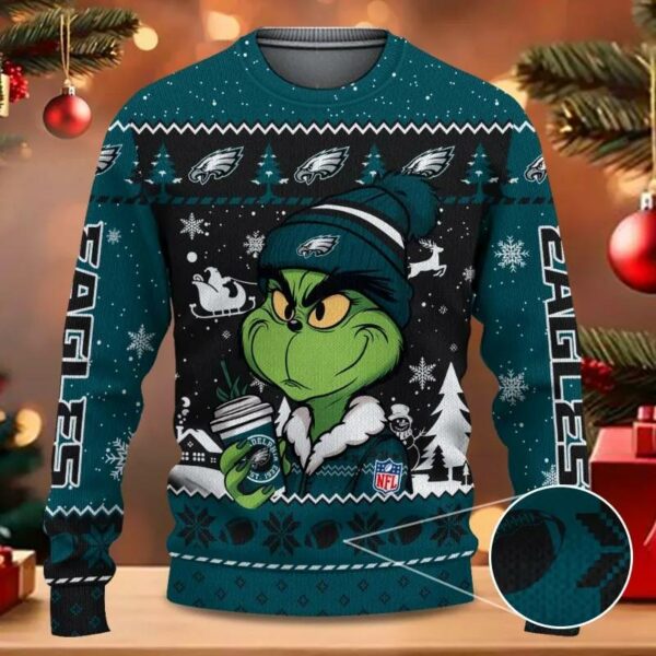 Philadelphia Eagles The Grinch Drink Coffee Ugly Christmas Sweater