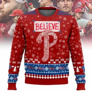 Philadelphia Phillies Believe Team Names Mlb Ugly Christmas Sweater 1