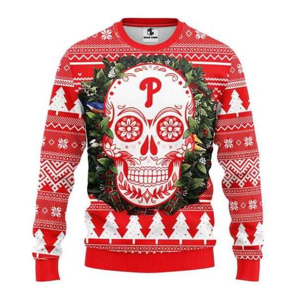 Philadelphia Phillies Skull Flower Ugly Christmas Sweater