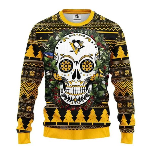 Pittsburgh Penguins Skull Flower Ugly Christmas Sweater