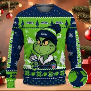 Seattle Seahawks The Grinch Drink Coffee Ugly Christmas Sweater