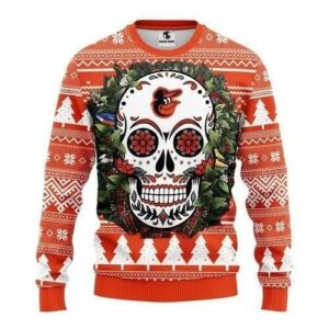 Skull Flower Calavera Baltimore Orioles Christmas Ugly Sweater