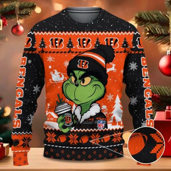 The Grinch Drink Coffee Cincinnati Bengals Ugly Christmas Sweater