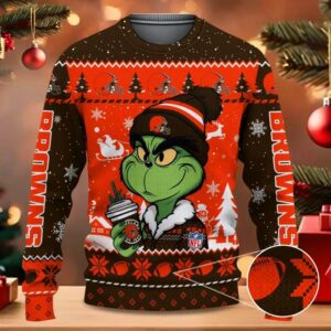 The Grinch Drink Coffee Cleveland Browns Ugly Christmas Sweater