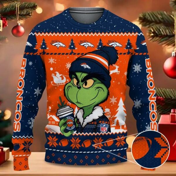 The Grinch Drink Coffee Denver Broncos Ugly Christmas Sweater