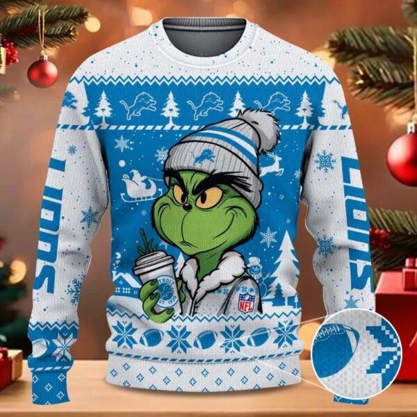 The Grinch Drink Coffee Detroit Lions Ugly Christmas Sweater