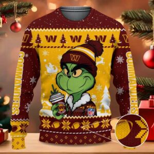 Washington Commanders The Grinch Drink Coffee Ugly Christmas Sweater