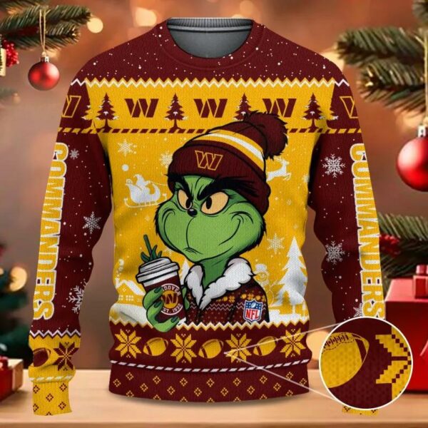 Washington Commanders The Grinch Drink Coffee Ugly Christmas Sweater