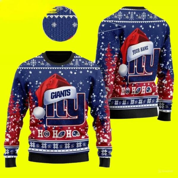 Wearing Santa Hat Custom Personalized New York Giants Ugly Christmas Sweater