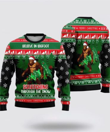 Believe In Bigfoot Squatching Through The Snow Ugly Christmas Sweater, Best Gift For Christmas, Bigfoot Crewneck Sweater, Christmas Winter Fashion