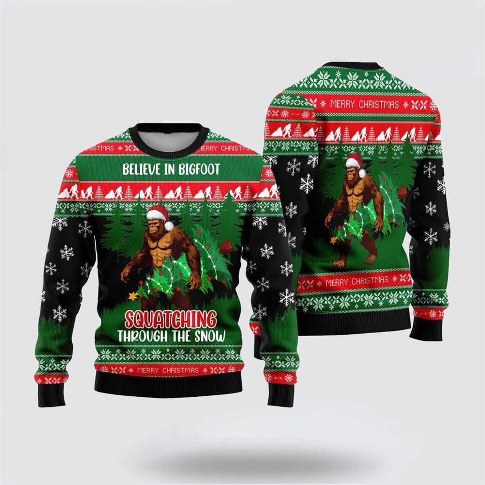 Believe In Bigfoot Squatching Through The Snow Ugly Christmas Sweater, Best Gift For Christmas, Bigfoot Crewneck Sweater, Christmas Winter Fashion
