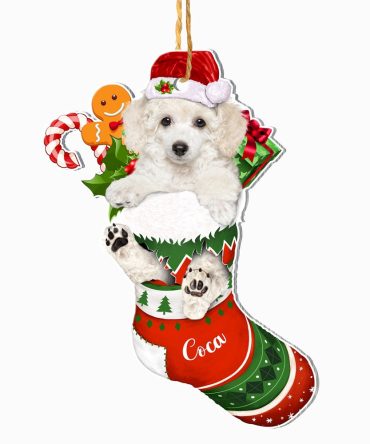 Christmas Dog Ornament, Personalized White Poodle In Christmas Stocking Ornament, New Dog Christmas Ornament