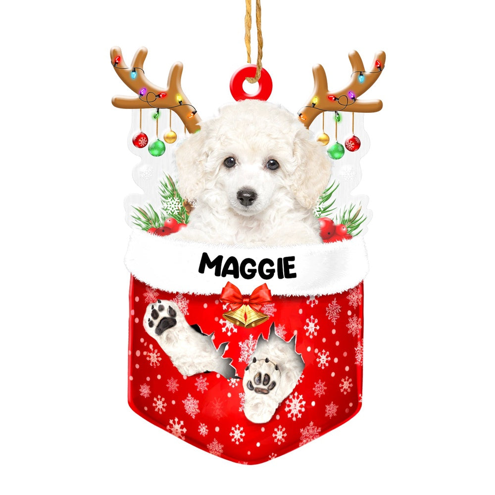 Christmas Dog Ornament, Personalized White Poodle In Snow Pocket Christmas Acrylic Ornament, New Dog Christmas Ornament