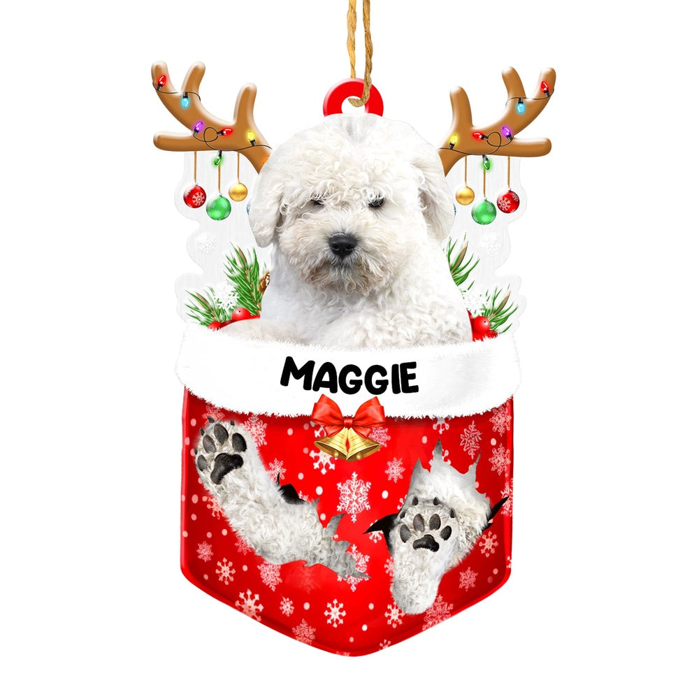 Christmas Dog Ornament, Personalized White Puli In Snow Pocket Christmas Acrylic Ornament, New Dog Christmas Ornament