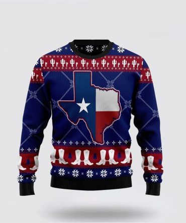 Farmers Sweater, Texas Map And Cowboy Boots Pattern Ugly Christmas Sweater, Christmas Crewneck Sweater, Winter Farm Fashion