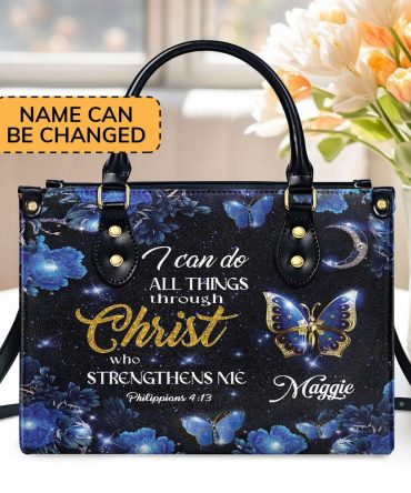 Personalized Christian Leather Bag, I Can Do All Things Through Christ - Pretty Personalized Leather Handbag, Faith Handbag