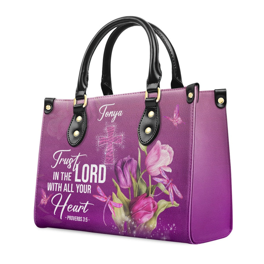 Personalized Christian Leather Bag, Trust In The Lord With All Your Heart Proverbs 35 Tulip And Cross Leather Handbag, Faith Handbag - Image 2